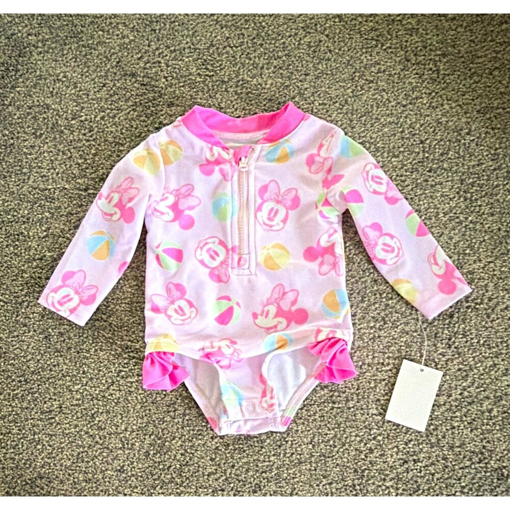 Girls Disney Minnie Mouse Pink/White Floral Rash Guard One-Piece 3 mn NWT A4